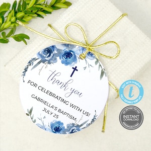 Taufe Dankeschön Tag Vorlage, Boho Taufe Dankeschön Tag, bearbeitbares Taufe Tag, bearbeitbares blaues Favor Tag, Taufe Gunst Tag E352