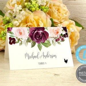 Modèle de cartes de place, cartes de nom de mariage modifiables, Bourgogne, téléchargement instantané, cartes de place imprimables rustiques, démo GRATUITE E150