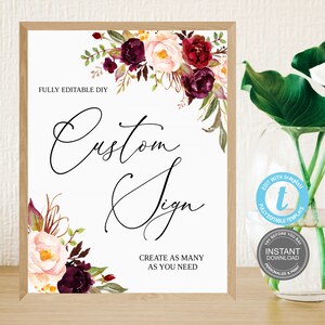 Aangepast bord bruiloft, bloemen bruiloftsdecoratie, bordsjabloon, bewerkbaar en afdrukbaar, direct downloaden, GRATIS demo, E203