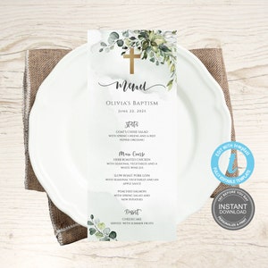 Szablon karty menu chrztu, szablon menu chrztu boho, edytowalne menu chrztu, menu na dzień nadania imienia, zielony wystrój stołu chrzcielnego E323