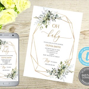 Baby shower uitnodiging sjabloon, aquarel Instant Download, Floral geometrische, bewerkbare boho kaart, PROBEER VOORDAT u koopt, gratis demo E15