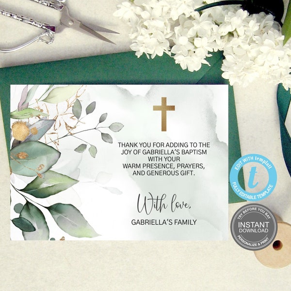 Baptism Thank you Template, First Communion, Instant Download, Fully Editable, Editable boho Card, Try Before You Buy, FREE Demo E392
