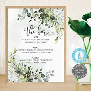 Barmenu bruiloft bord sjabloon, groen bruiloft decoratie, decor, afdrukbaar bord, borden sjabloon, direct downloaden, GRATIS demo, E339