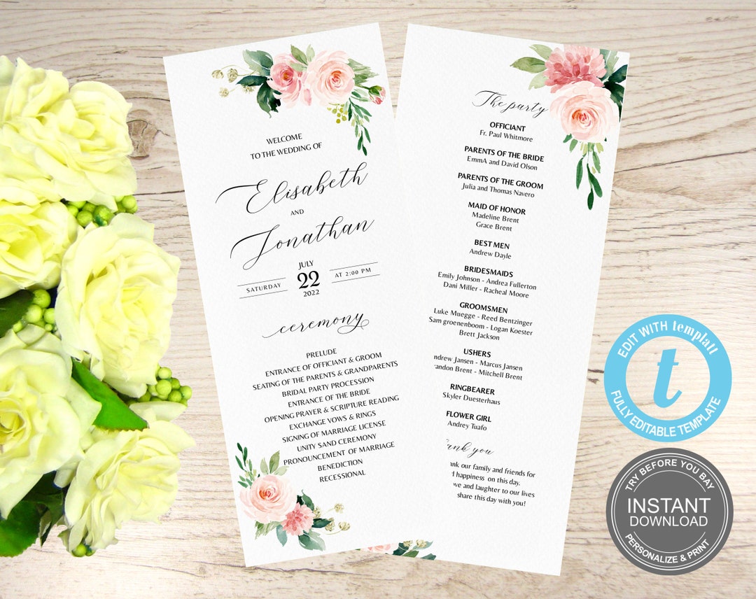 Wedding Program Template, Printable Ceremony Program, Wedding Decor ...