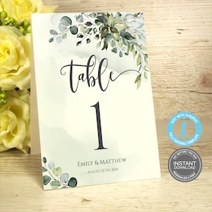 Tabelnummersjabloon, aquarel bruiloft tabelnummers, groen tabelnummer, Instant Download, bewerkbare boho-kaart, GRATIS demo E327