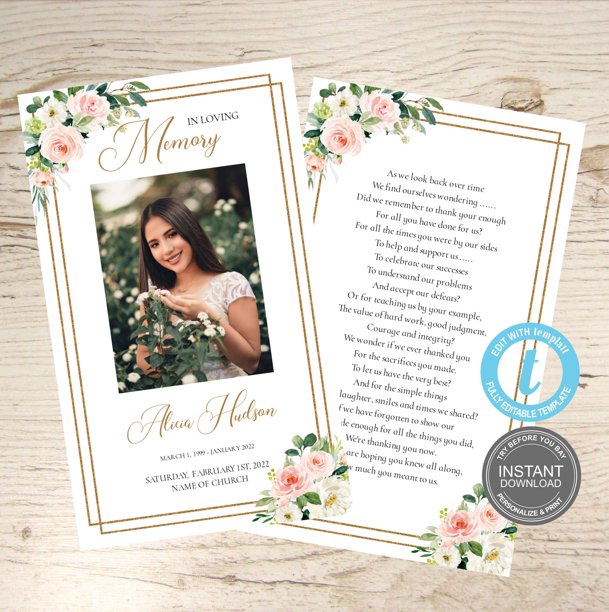 Funeral Prayer Card Printable Memorial Prayer Card Template - Etsy
