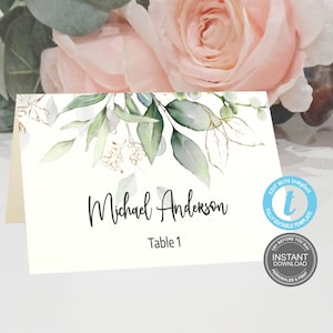 Plaatskaarten sjabloon, bruiloft naamkaartjes, groen, Instant Download, afdrukbare plaatskaarten rustiek, GRATIS demo E83