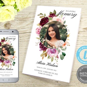 Begrafenisprogramma sjabloon, Floral Memorial Program, begrafenisuitnodigingskaart, foto, bewerkbare herdenkingsdienst, Instant Download, GRATIS demo, E74