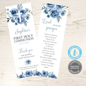 First Communion Bookmark Template, Blue Baptism, Prayer Card Template, Baptism Bookmark, Boy, First Holy Communion, Templett, E344
