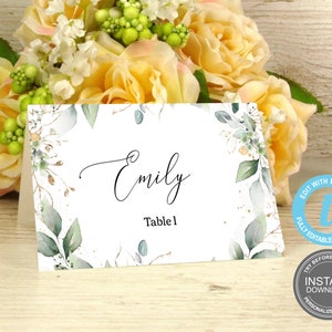 Plantilla para tarjetas de lugar, tarjetas de nombre para boda, vegetación, descarga instantánea, tarjetas de lugar rústicas imprimibles, demostración gratuita E01
