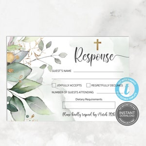 Modèle de carte RSVP de baptême de verdure, carte de réponse de baptême, carte de réponse imprimable, réponse de réponse de baptême eucalyptus, cartes de baptême garçon E502