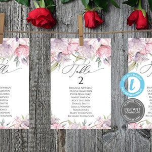 Stoelkaartsjabloon, stoelenkaart bruiloft, vrijgezellenfeest, stoelenkaarten, volledig bewerkbaar, stoffige roze rozen, tafelsjabloon, GRATIS demo E430