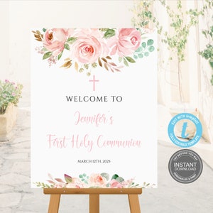 First Communion Welcome Sign Template, Editable Welcome Sign, Fully Editable, Editable boho Card, Girl First Communion, FREE Demo E443