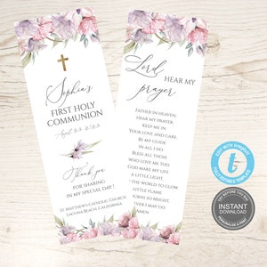 First Communion Prayer Card Template, Baptism Bookmark, Bookmark, Gold Cross, Dusty pink, First Holy Communion, first prayer, Templett E410