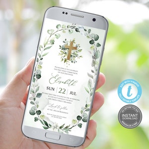 Digital First Communion Invitation Template, Greenery First Communion Evite, Electronic First Holy Communion Smartphone, Templett, E505