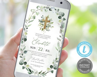 Digital First Communion Invitation Template, Greenery First Communion Evite, Electronic First Holy Communion Smartphone, Templett, E505