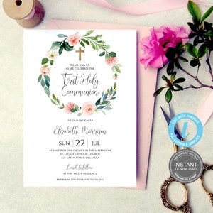 Plantilla de invitación para primera comunión, invitación de bautizo, invitación imprimible para primera comunión de niña, invitación editable, Templett E226