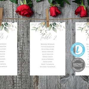 Stoelkaarten, stoelenkaart bruiloft, maten 5 x 7" en 4 x 6", stoelsjabloon, volledig bewerkbaar, tafelsjabloon, GRATIS demo E84