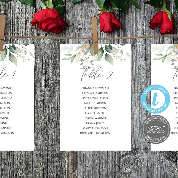 Seating Chart Cards, Seating Chart Wedding, Sizes 5x7" and 4x6",Seating Template,Fully Editable,Table Template,FREE Demo E84