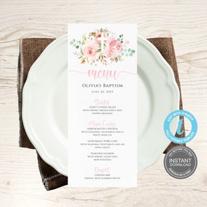 Modello carte menu battesimo, menu battesimo Boho Menu battesimo modificabile Menu giorno denominazione, arredamento tavolo battesimo, Prima Comunione Ragazza E492
