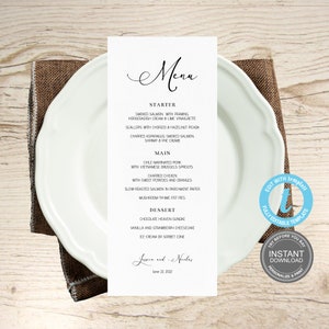 Bruiloftsmenukaartsjabloon, minimalistisch, direct downloaden, menukaart vrijgezellenfeest, brunchdiner, bruiloft GRATIS demo E147