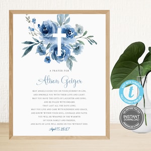 Modèle de signe de prière de baptême, signe de prière personnalisé, signe de garçon cadeau baptême modifiable, aquarelle bleue, signe personnalisé, carte de prière 20 x 10 po. E386