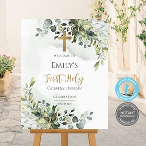 Modèle de plaque de bienvenue première communion, baptême, téléchargement immédiat, entièrement modifiable, carte boho modifiable, à essayer avant d'acheter, démo gratuite E336