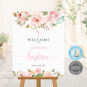 Modello di cartello di benvenuto per battesimo, prima comunione, cartello di benvenuto modificabile, completamente modificabile, biglietto boho modificabile, cartello di benvenuto per battesimo, E442