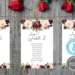 Plan de table mariage, plan de salle, cartes, tailles 5 x 7" et 4 x 6", modèle de siège, bordeaux entièrement modifiable, modèle de table, démo gratuite E149