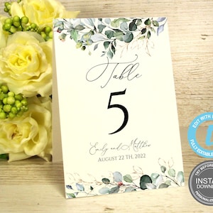 Aquarel bruiloft tabelnummers, tabelnummer sjabloon, Instant Download, bewerkbare boho-kaart, GRATIS demo E92