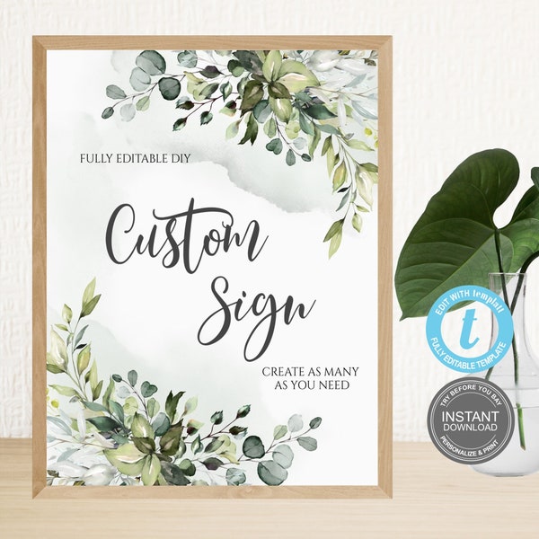 Greenery Custom Sign, Eucalyptus Wedding Decoration, Signs Template, Instant Download, Editable & Printable, Free Demo, E338