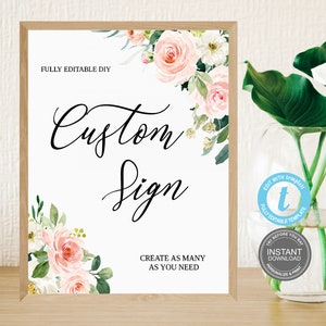 Aangepast bord bruiloft, bloemen bruiloftsdecoratie, bordsjabloon, bewerkbaar en afdrukbaar, direct downloaden, GRATIS demo, E153