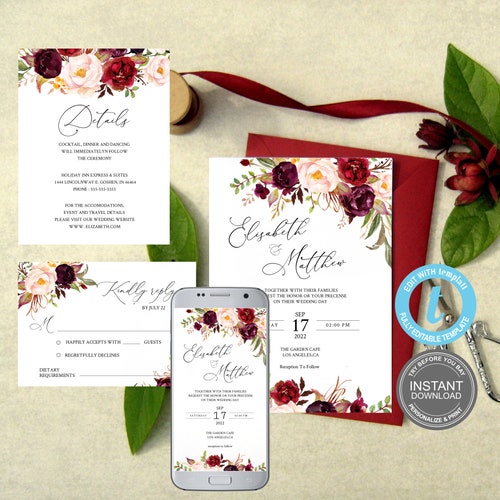 Burgundy Wedding Invitation Set Printable Wedding Invitation - Etsy
