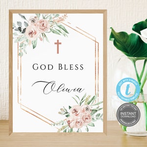 God Bless Schild Vorlage, altrosa floral, Druckbares rosa Blumen Taufe Schild, Erstkommunion, Templett, Boho Rosen E381