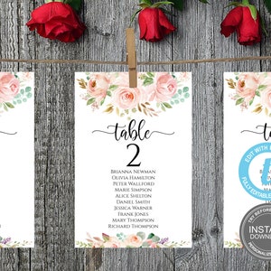 Zitplaatsgrafieksjabloon, zitplaatsgrafiek bruiloft, bruidsdouche, zitplaatskaarten, volledig bewerkbaar, roze bloemen, tafelsjabloon, GRATIS demo E235