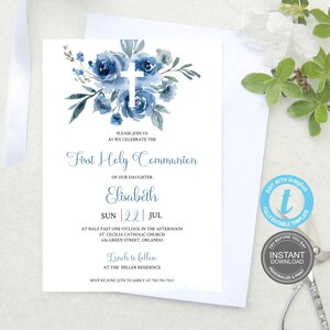 Erste Kommunion Einladung Vorlage, Blaue Aquarell Blumen, druckbare Einladung zur ersten heiligen Kommunion, bearbeitbare Einladung, Taufe E245