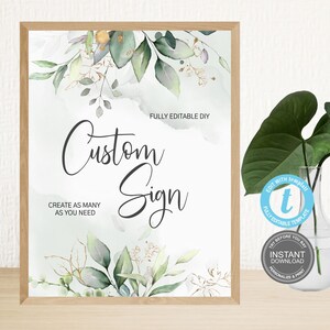 Aangepast bord groen, eucalyptushuwelijksdecoratie, bordensjabloon, direct download, bewerkbaar en afdrukbaar, gratis demo, E371