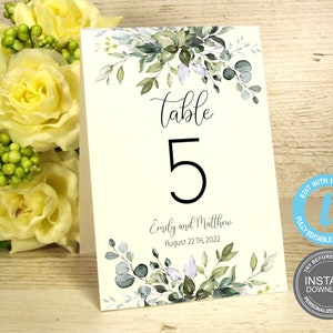 Aquarel bruiloft tabelnummers, tabelnummer sjabloon, Instant Download, bewerkbare boho-kaart, GRATIS demo E89