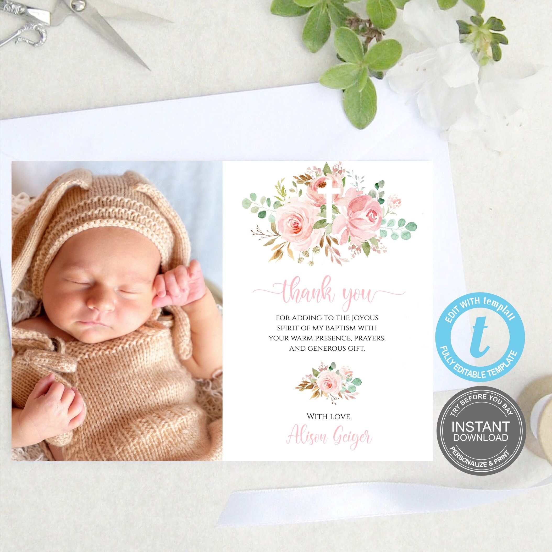 Photo Baptism Thank you, Baptism Thank you Template, First Communion, Christening Thank you Template, Thank you Baptism card, FREE Demo E495