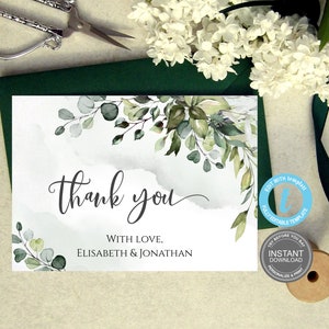 Tarjeta de agradecimiento de eucalipto, hojas verdes de acuarela imprimibles, tienda de campaña plegada y única, tarjetas de agradecimiento de vegetación boda E321