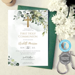 First Communion Invitation Template, Instant Download, Printable First Holy Communion Invitation, Editable Invitation, Baptism Templett E316