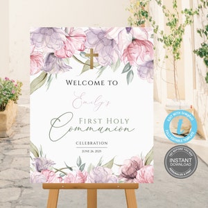 First Communion Welcome Sign Template, Christening Welcome Sign, Editable boho Card, First Communion Girl, 1st communion welcome sign, E486