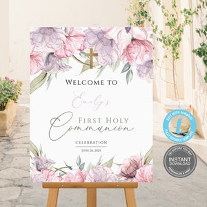Modèle de plaque de bienvenue pour la première communion, plaque de bienvenue pour baptême, carte bohème modifiable, fille de première communion, plaque de bienvenue pour la 1ère communion, E486