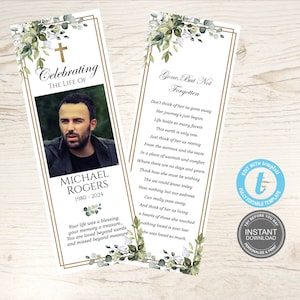 Modèle de marque-page pour funérailles, carte d'invitation pour funérailles, marque-page célébration de la vie, cartes souvenir, téléchargement immédiat, démo gratuite, E162