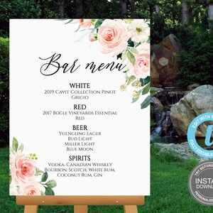 Barmenu bruiloft bord sjabloon, blozen bloemen bruiloft decoratie, decor, afdrukbaar bord, borden sjabloon, direct downloaden, GRATIS demo, E158