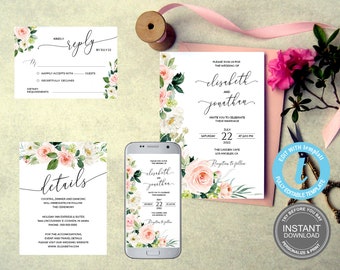 Wedding Invitation Set, Pink Floral Wedding Invitation, Invitation Template,Electronic invite, Instant Download, FREE Demo E55