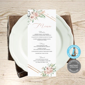 Bruiloft menukaart sjabloon, bruiloft, Instant Download, Boho rozen Menu bruids douche, brunch diner, GRATIS demo E295
