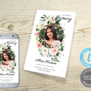 Sjabloon begrafenisprogramma, Floral Memorial-programma, uitnodigingskaart begrafenis, foto, bewerkbare herdenkingsdienst, direct downloaden, GRATIS demo, E58
