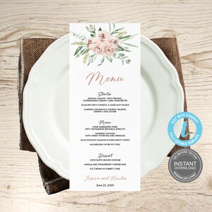 Bruiloft menukaart sjabloon, bruiloft, Instant Download, Boho rozen Menu bruids douche, brunch diner, GRATIS demo E247