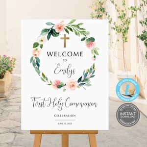 Eerste communie welkom teken sjabloon, doopsel, Instant Download, volledig bewerkbaar, bewerkbare boho-kaart, proberen voordat je koopt, GRATIS demo E413